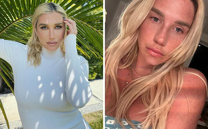 Makeup-less celebrity with blonde hair wearing a white top outdoors and no makeup indoors showing natural look behind the scenes.