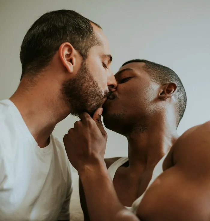 Two men sharing an intimate kiss, capturing dark, spicy, and heartfelt secrets in a loving moment.