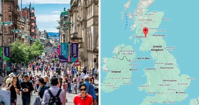 Crowded street scene in Glasgow paired with map showing location of gloomy European destination in the UK.