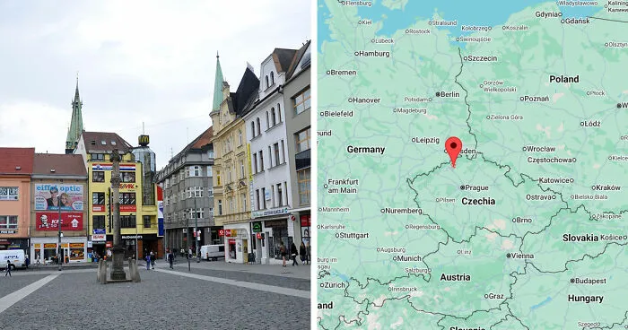 Old European town square with historic buildings and a map pinpointing a gloomy European destination in Czechia.