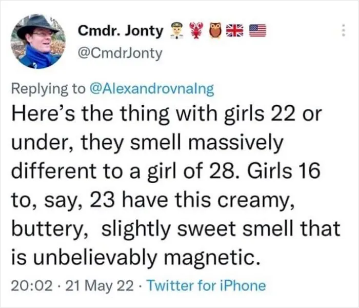 Post about perceptions of scent differences in young women reflecting themes of traumatizing the next generation in social media content.