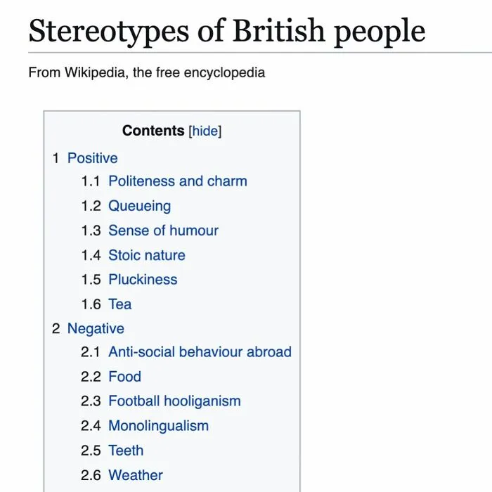 Wikipedia page showing positive and negative stereotypes of British people in a list format from random Wikipedia articles.
