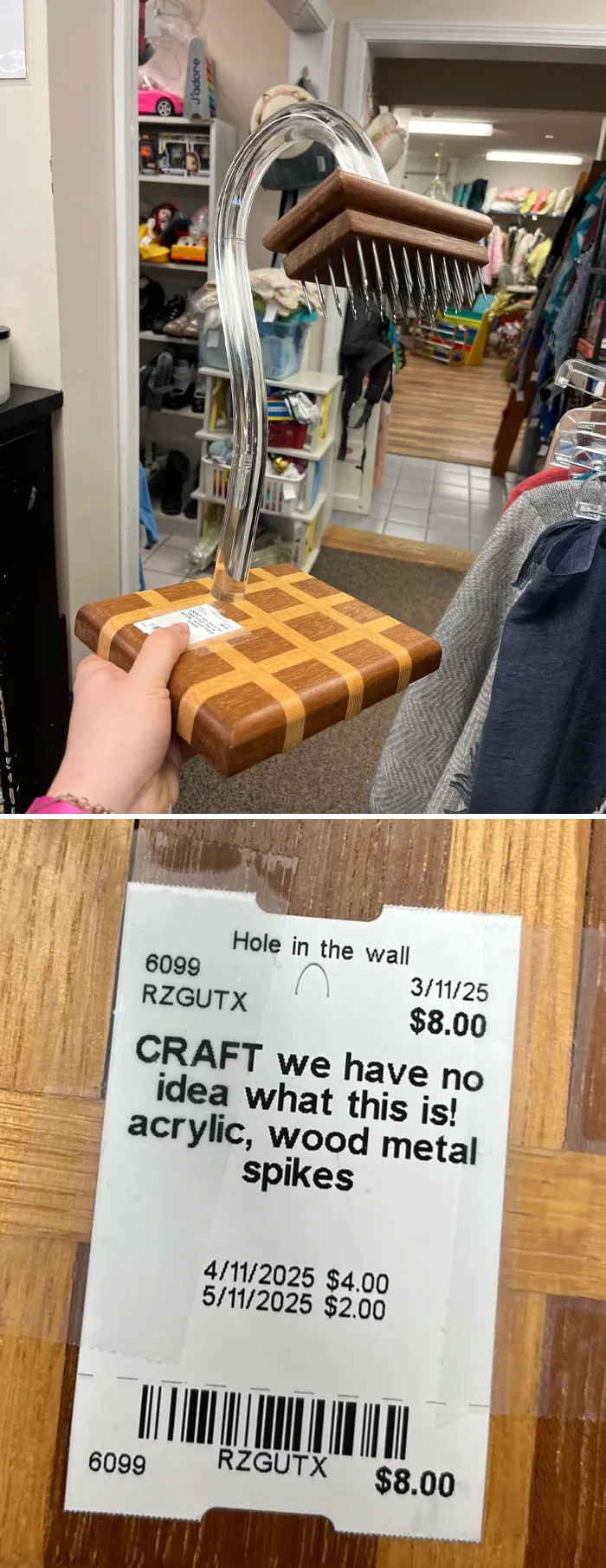A wooden craft with acrylic curved handle and metal spikes, tagged as an unknown item, showcasing funny pics of utter confusion.
