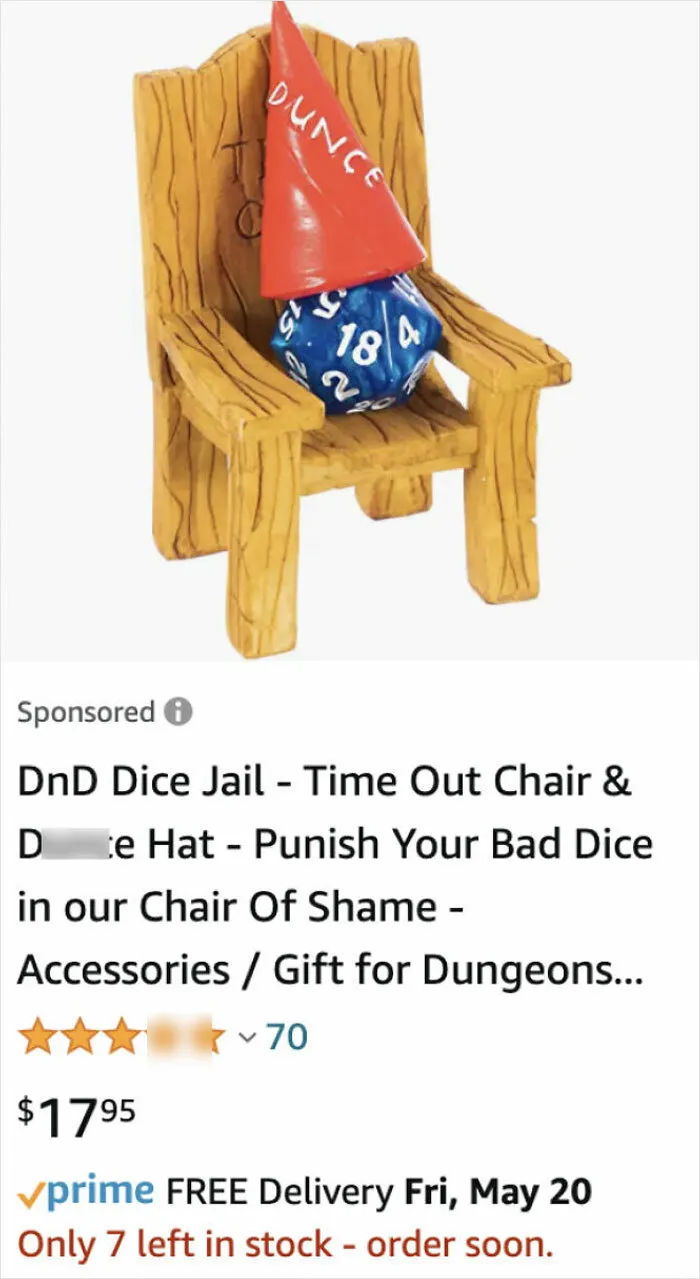 DnD dice jail with a time out chair and dunce hat, a funny pic capturing utter confusion and playful punishment for bad dice rolls.