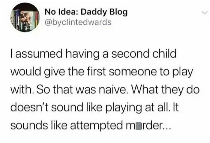 Funny mom post about the reality of siblings not playing nicely and the humor in parenting challenges.