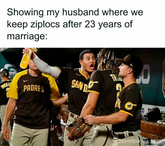 Baseball players in Padres uniforms humorously illustrating a funny mom post about marriage and ziplocks after 23 years.