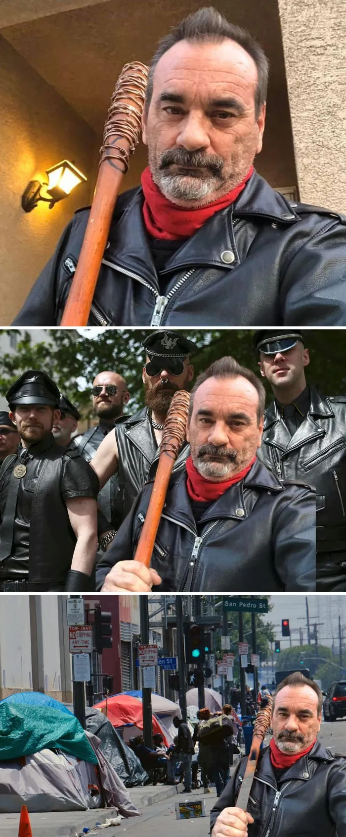 Hombre con chaqueta de cuero y bate fotoshopeado en grupo y en calle con carpas en resultados divertidísimos.