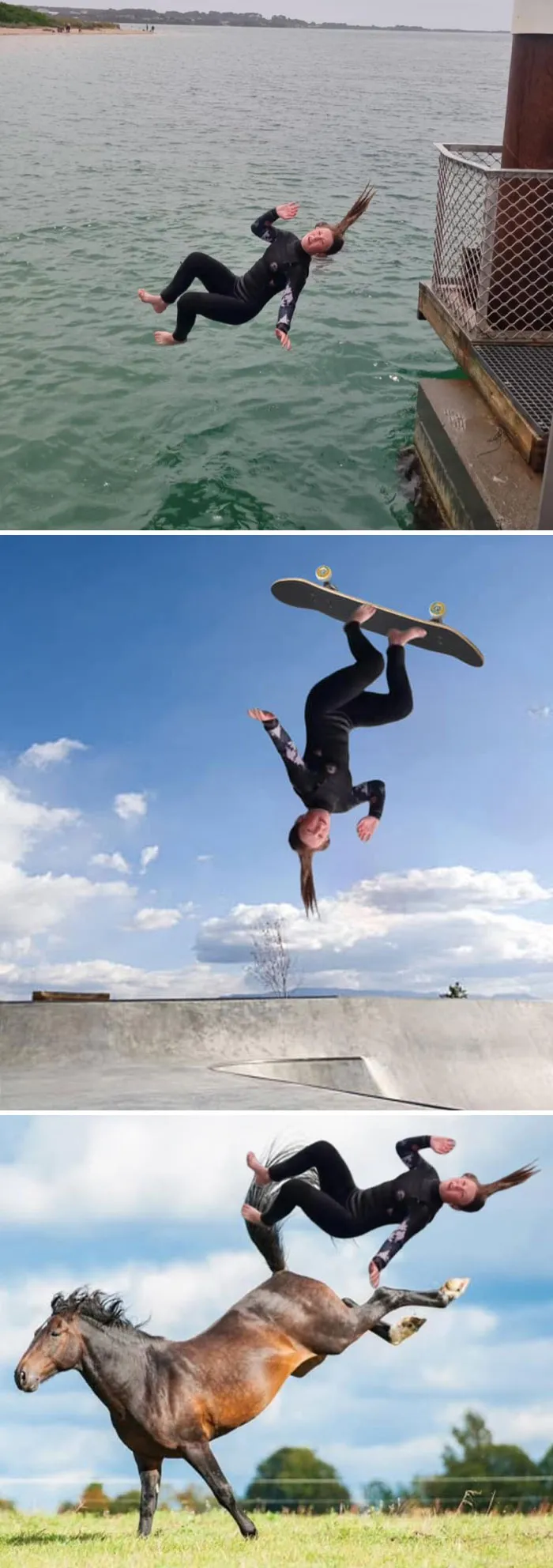 Persona editada con Photoshop en tres situaciones: cayendo al agua, haciendo trucos en skate y montando un caballo divertido.