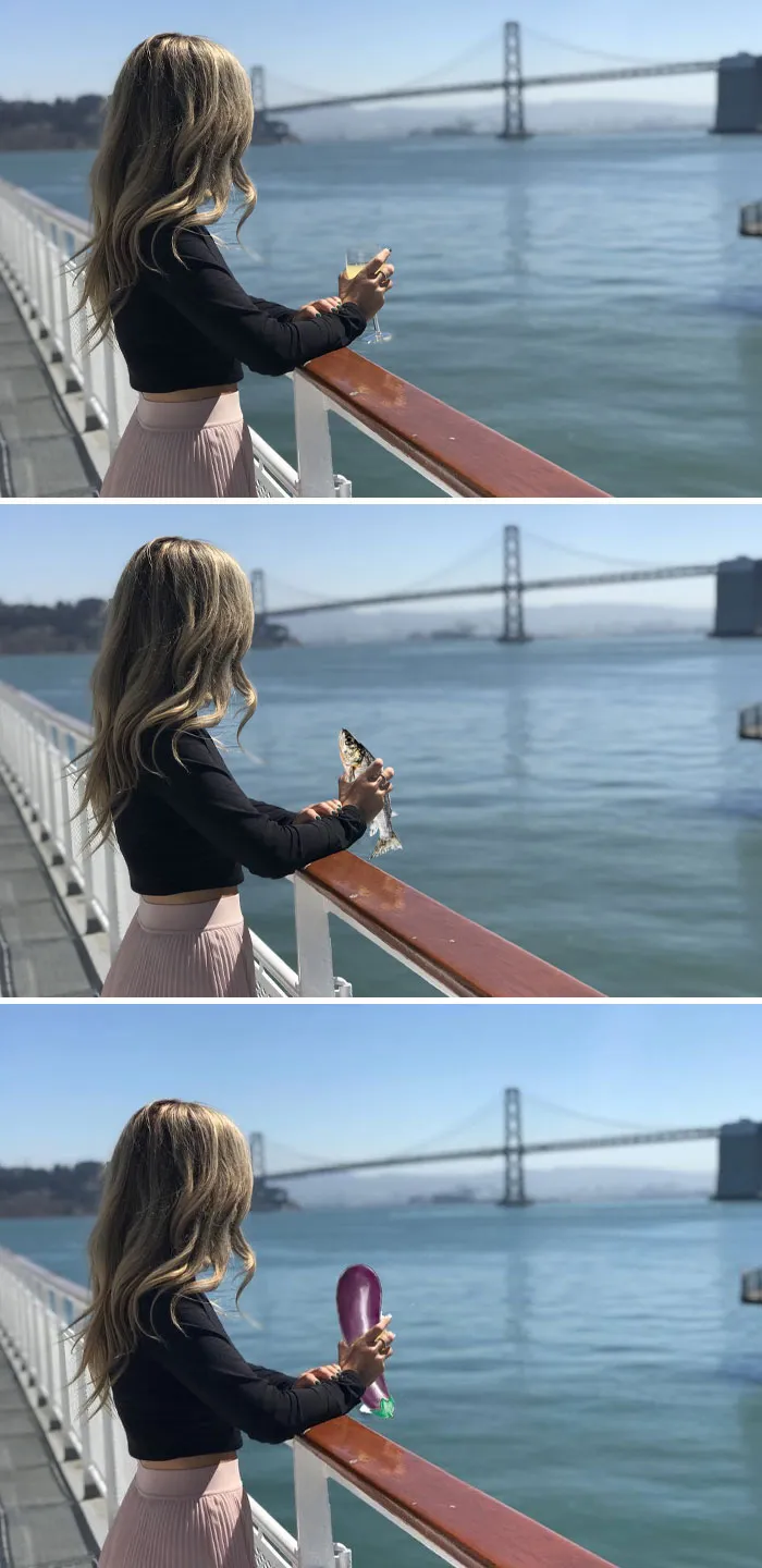 Mujer en un muelle con vista al mar, sosteniendo diferentes objetos editados en Photoshop para resultados divertidos.