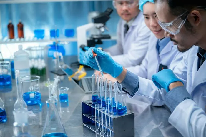 Scientists in a lab conducting experiments with test tubes and blue liquids demonstrating I was there moments in research.