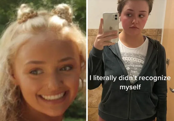 Side-by-side photos showing a person who looked their hottest in high school and how they look now in a mirror selfie.