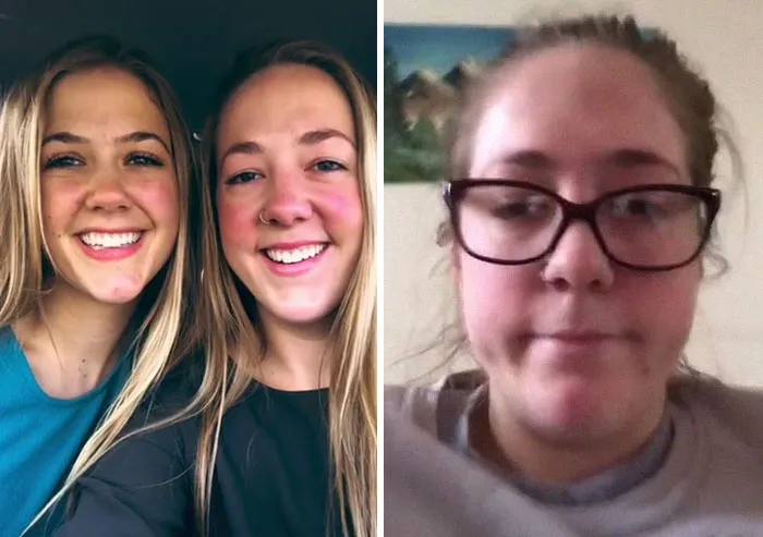Two young women smiling in a high school photo next to one woman wearing glasses showing how she looks now.