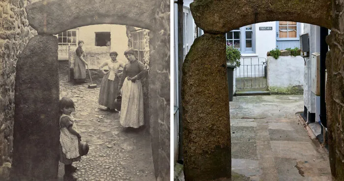 Side-by-side before-and-after images showing how time has transformed a famous historic location worldwide.