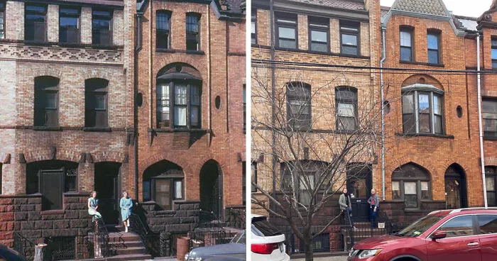 My Mom And I Sitting On The Stoop Of The Bronx House That's Been In Our Family For 100 Years, Recreating A Photo Of My Great Aunt And Great-Great Grandmother Taken In The '40s