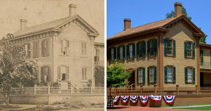 Side-by-side before and after images showing how time has transformed a famous historic location worldwide.