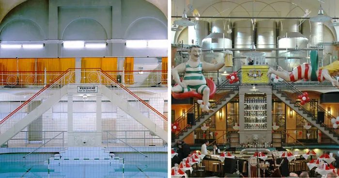Before-and-after images showing how time has transformed a famous indoor pool into a lively restaurant with decorations worldwide.