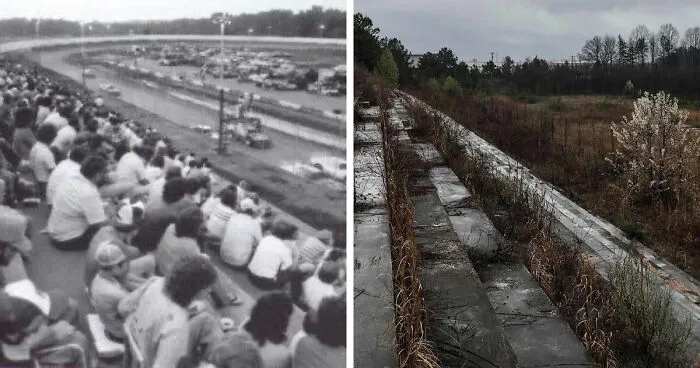 Before-and-after images showing the transformation of a famous race track from a crowded event to an abandoned, overgrown site.