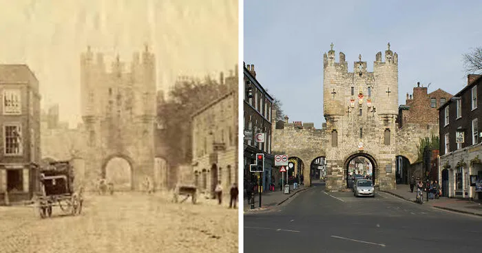 Before-and-after images showing how time has transformed a famous historic location with old and modern street scenes worldwide.
