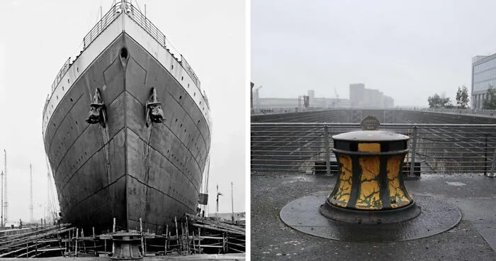 Before-and-after images showing how time has transformed the RMS Titanic dry dock from construction to present-day condition.