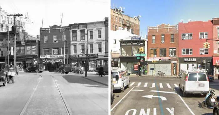 Side-by-side before-and-after images showing how time has transformed famous locations worldwide with old and modern street views.