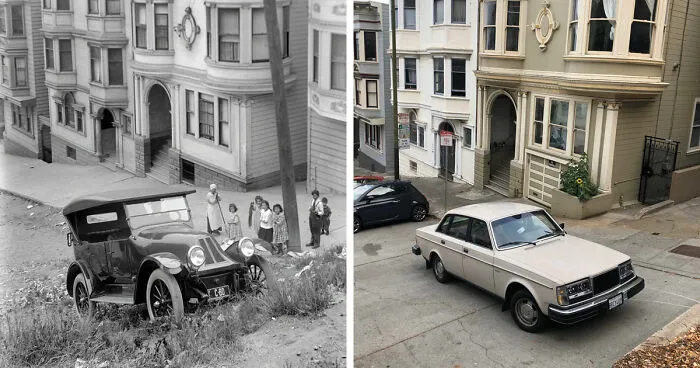 Side-by-side before and after images showing how time has transformed a famous urban location with vintage and modern cars.