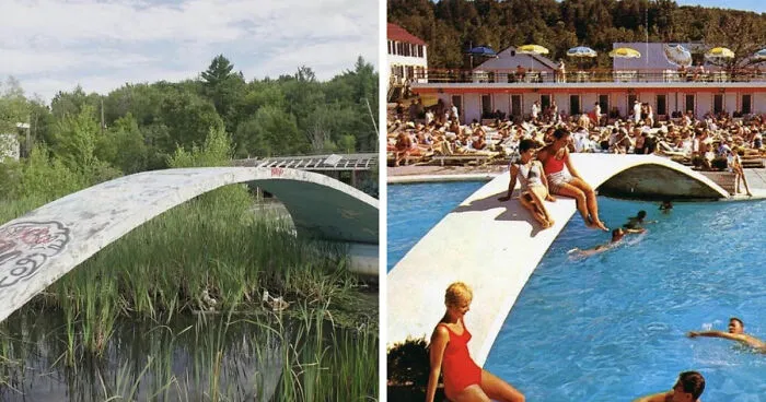 Before-and-after images showing how time has transformed a unique pool bridge at a famous location worldwide.