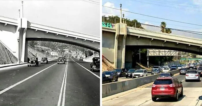 Side-by-side before and after images showing how time has transformed a busy urban highway and overpass worldwide.