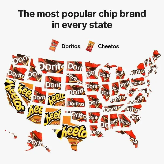 Map showing the most popular chip brand in every US state, using images of Doritos and Cheetos bags for visualization.