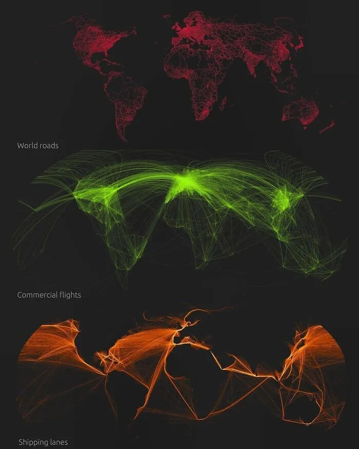 World maps displaying visualized data of roads in red, commercial flights in green, and shipping lanes in orange.