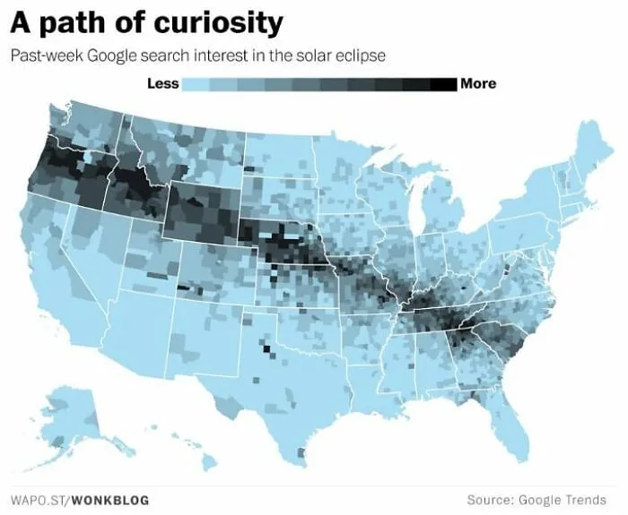 US map showing past-week Google search interest in the solar eclipse, visualizing data through maps, charts, and graphs.