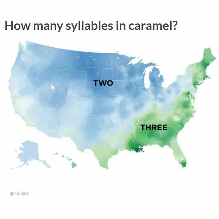 Map of the US showing regional differences in how many syllables are used to pronounce caramel colored by blue and green tones.