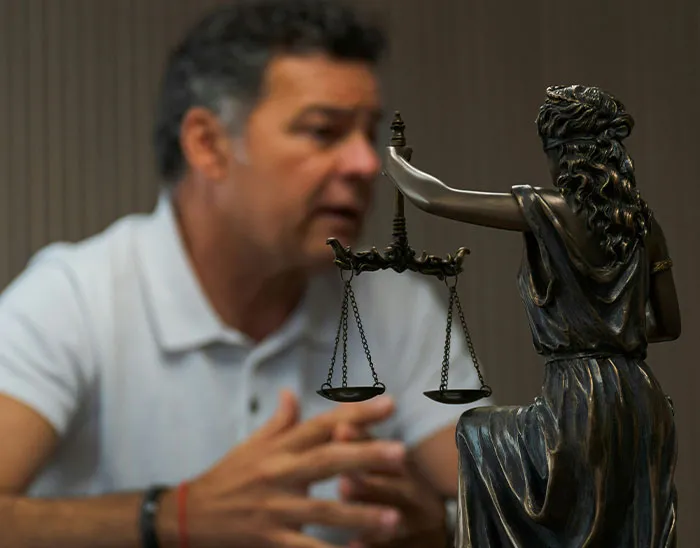 Hombre hablando en oficina con figura de justicia con balanza, concepto sobre abogados y clientes.