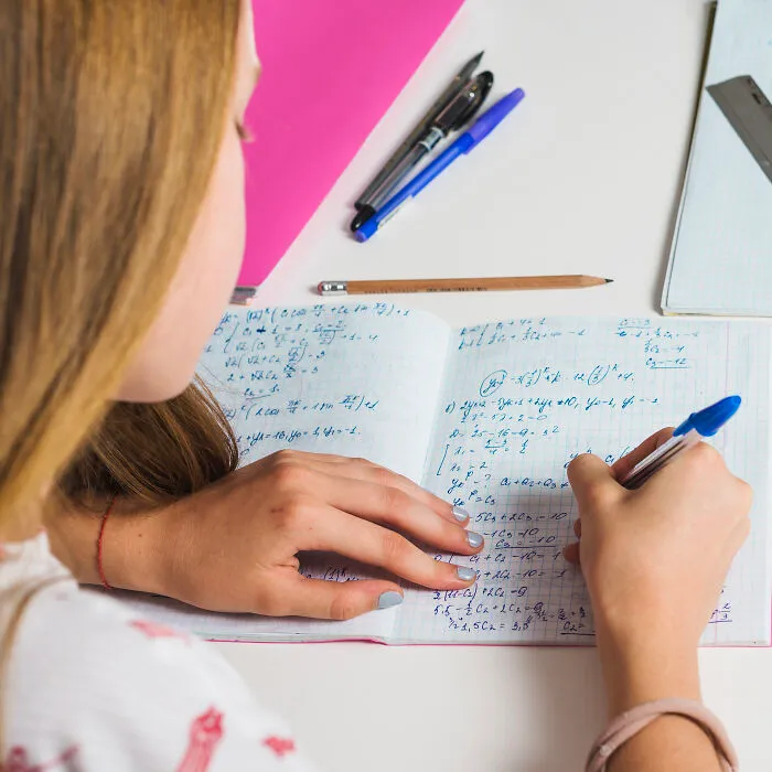 Person practicing math skills with pen and notebook, illustrating skills people online needed before the 2000s.