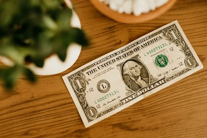 One dollar bill on a wooden table near a plant and a bowl, illustrating dates that went so sour with safe word usage.
