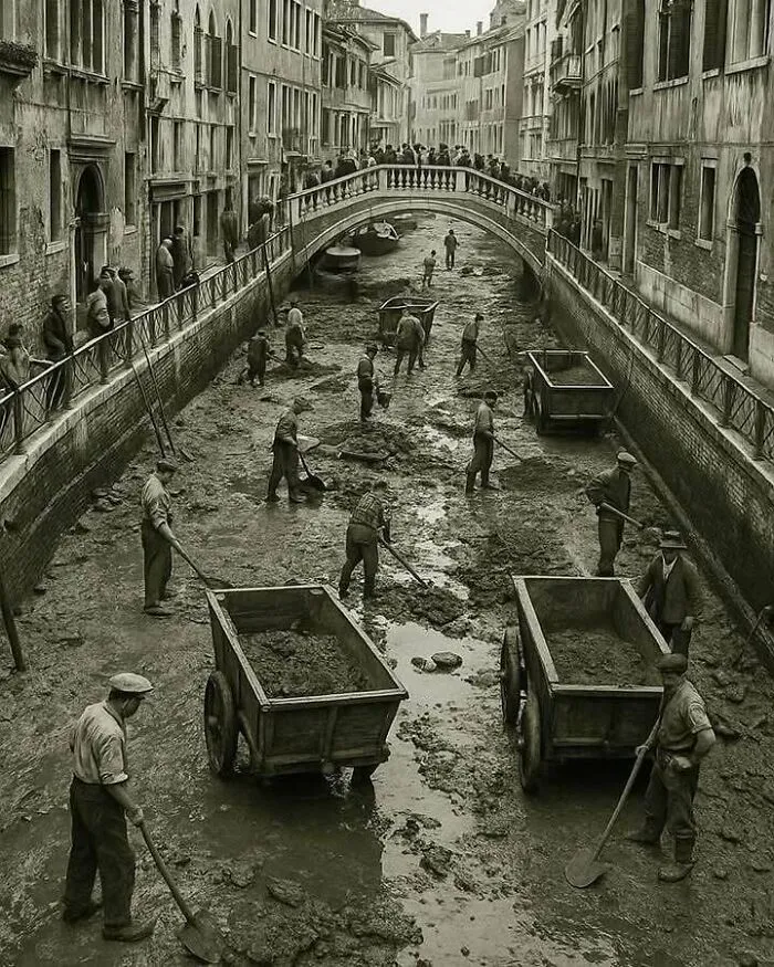 Limpiando los canales de Venecia, Italia (1956)