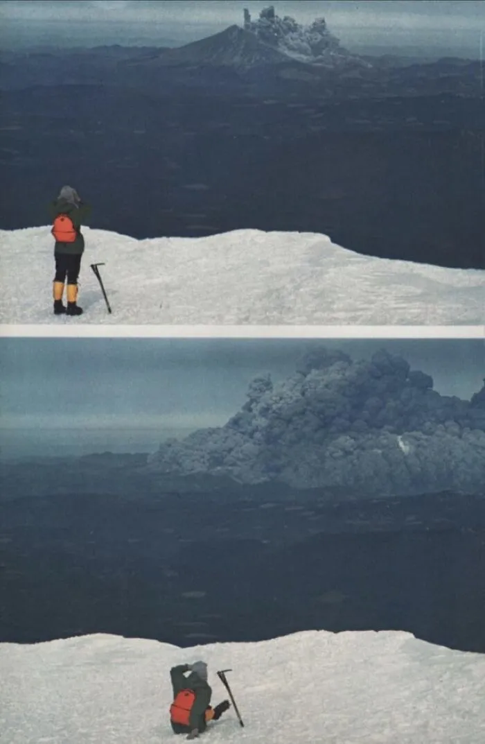 Photo Of A Hiker Watching The Eruption Of Mt. St. Helens From Mt. Adams, About 37 Miles To The East. Photo From Mt Adams By John V. Christiansen Around 8:32 Am Local Time On May 18, 1980 & Published In A 1981 National Geographic Magazine