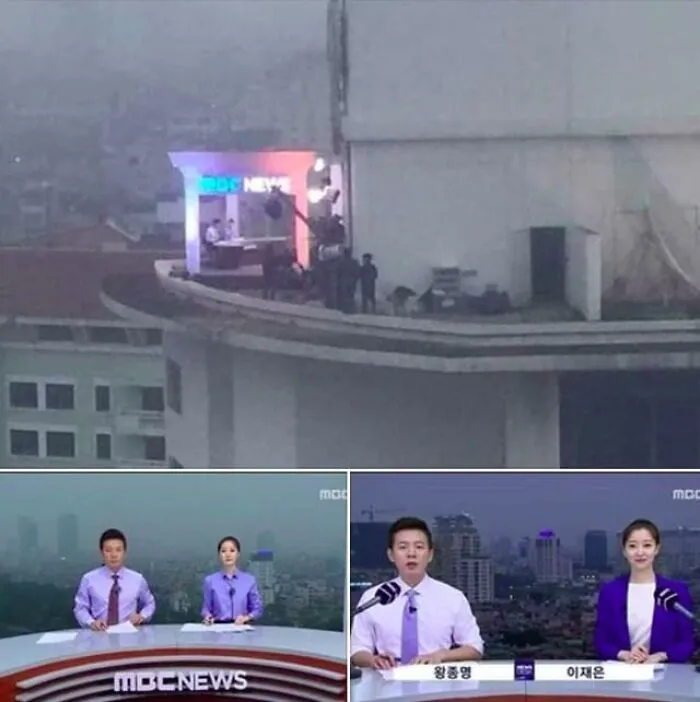 Un programa de noticias coreano se filma en la azotea del edificio en lugar de usar una pantalla verde.