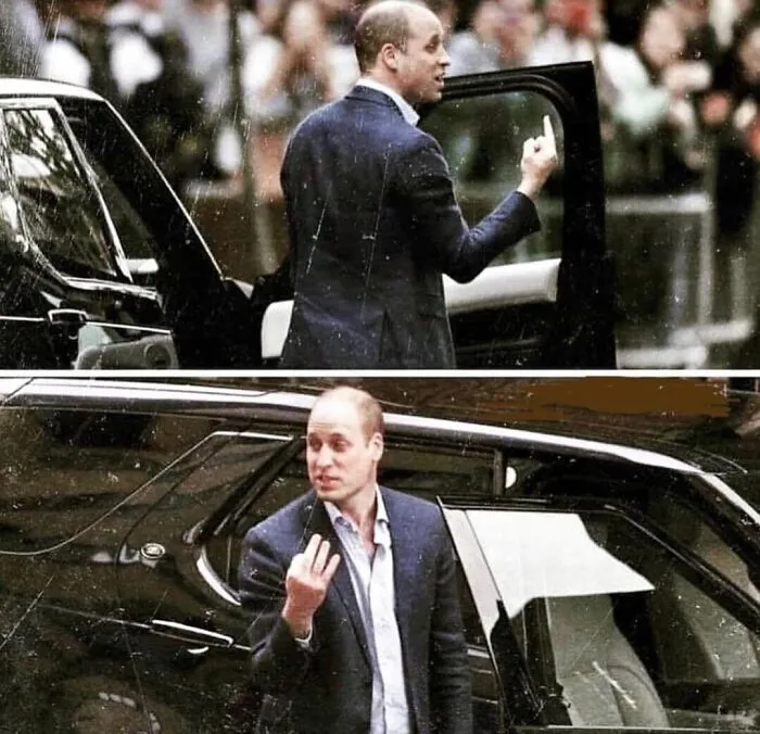 El príncipe William haciendo una  "peineta" tras el nacimiento del príncipe Louis