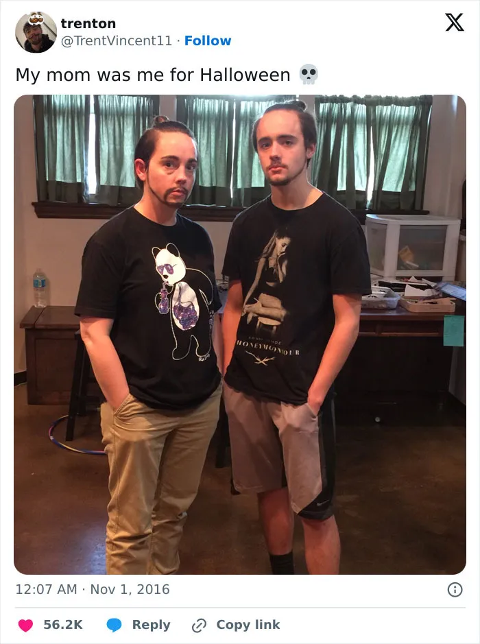 Two people standing side by side indoors wearing casual clothes, showing a wholesome memes moment for favorite people.