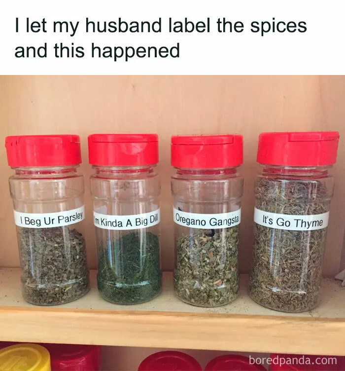 Four spice jars with humorous, punny labels like I Beg Ur Parsley and Oregano Gangsta in a wholesome meme about favorite people.