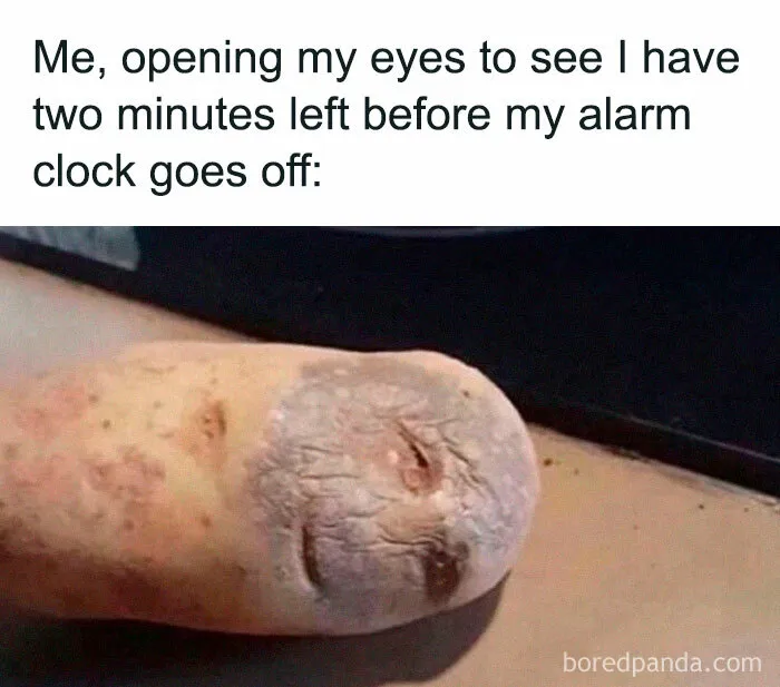 Close-up of a tired toe with a sleepy face, illustrating relatable energy exhaustion before an alarm clock.