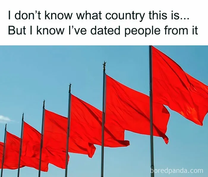 Red flags lined up against a cloudy sky with a humorous relatable energy meme about dating and warning signs.