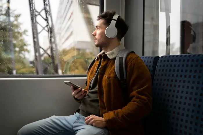 Young man with headphones and phone, sitting alone on a train, reflecting on heavy secrets and emotional confessions.