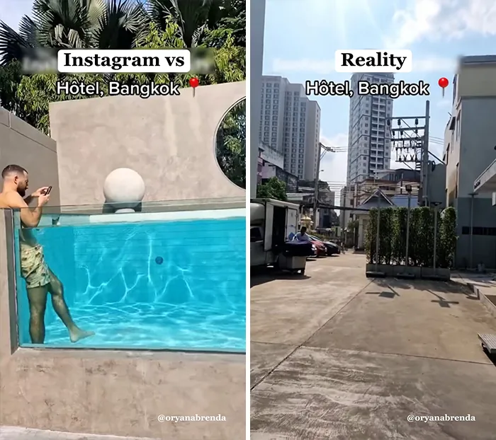 Side-by-side Instagram vs reality travel moments showing a hotel pool and surrounding area in Bangkok.