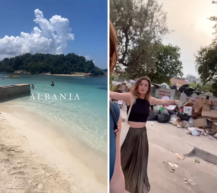 Split image showing a pristine beach in Albania versus the reality of a woman standing near a pile of garbage during travel.