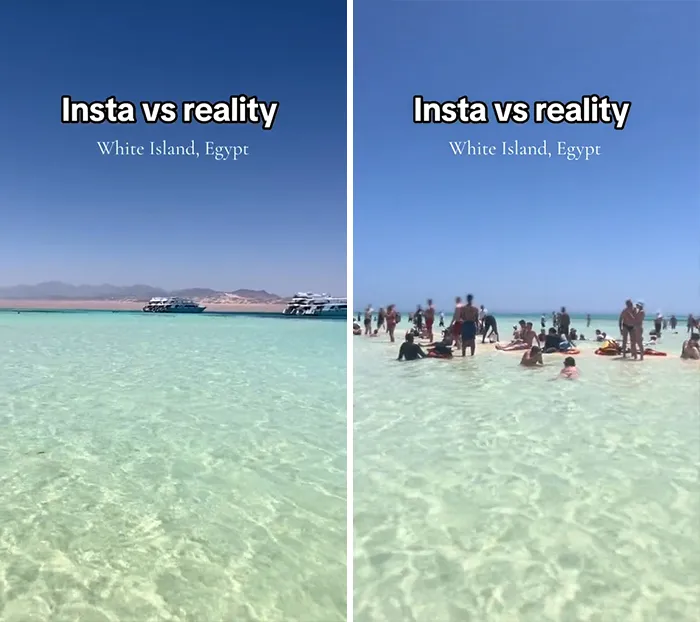 Clear turquoise water at White Island, Egypt shown in Instagram vs reality travel moments with crowded beach scene on the right side