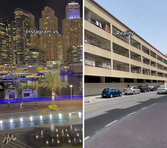 Nighttime Instagram travel photo of a marina with luxury buildings versus daytime reality of a plain apartment parking area.