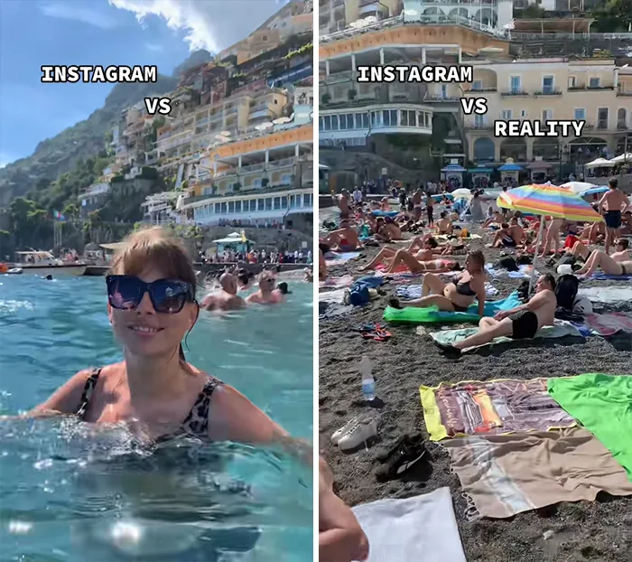 Woman enjoying clear water labeled Instagram vs crowded beach reality scene showing travel moments comparison.