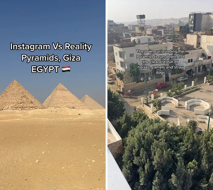 Instagram vs reality travel moments showing the Pyramids of Giza and the surrounding town with daily life details in Egypt.