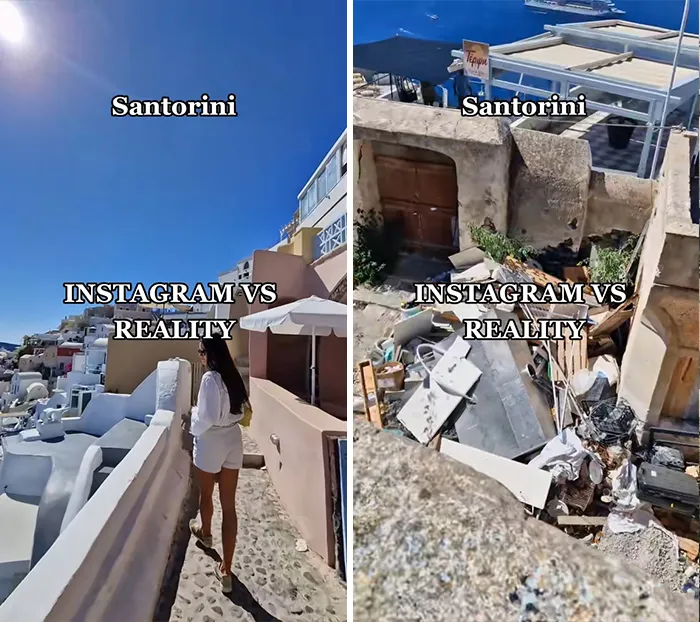 Santorini Instagram vs reality travel moment showing picturesque view contrasted with a cluttered, less glamorous area.